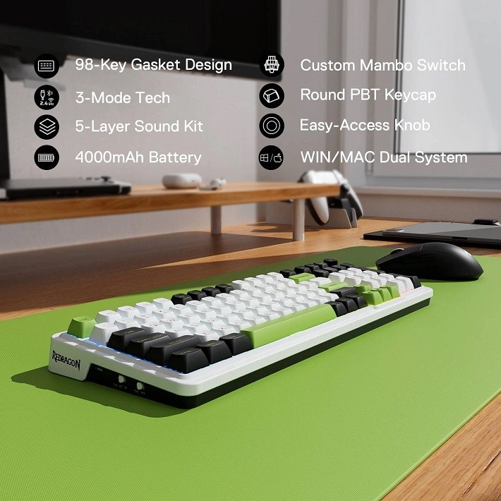 Redragon K686 Eisa Max Wireless Mechanical Gaming Keyboard, 98 Keys, RGB, , PBT Keycaps, Mint Mambo Switch, , US QWERTY - Image 8