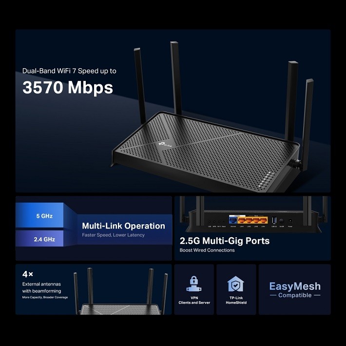 TP-Link Archer BE230 BE3600 Dual-Band Wi-Fi 7 Router (2× 2.5G Ports, Quad-Core CPU) - Image 3